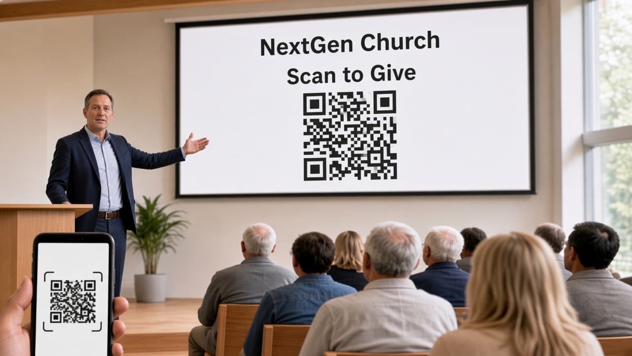 Church leader pointing to a SCAN TO GIVE QR on the projector while a seated member scans on their phone