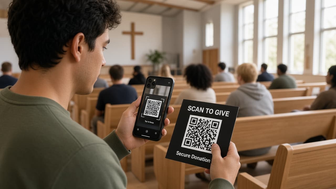 Person in a church pew scanning a SCAN TO GIVE QR card on their phone